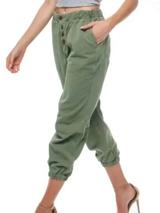 Free People Olive Green Button Front Jogger Pants Articulated Knee Size M - Picture 4 of 12